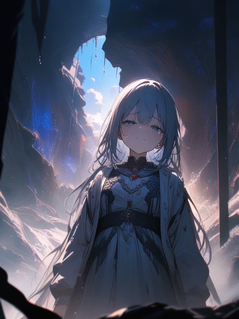  jewels around, crying, girls, loli, light blue hair, tears, mysterious eyes, jewelry around, jewelry around, lost in the cave, masterpiece, best quality,8k,ultra detailed,high resolution,an extremely delicate and beautiful,hyper detail