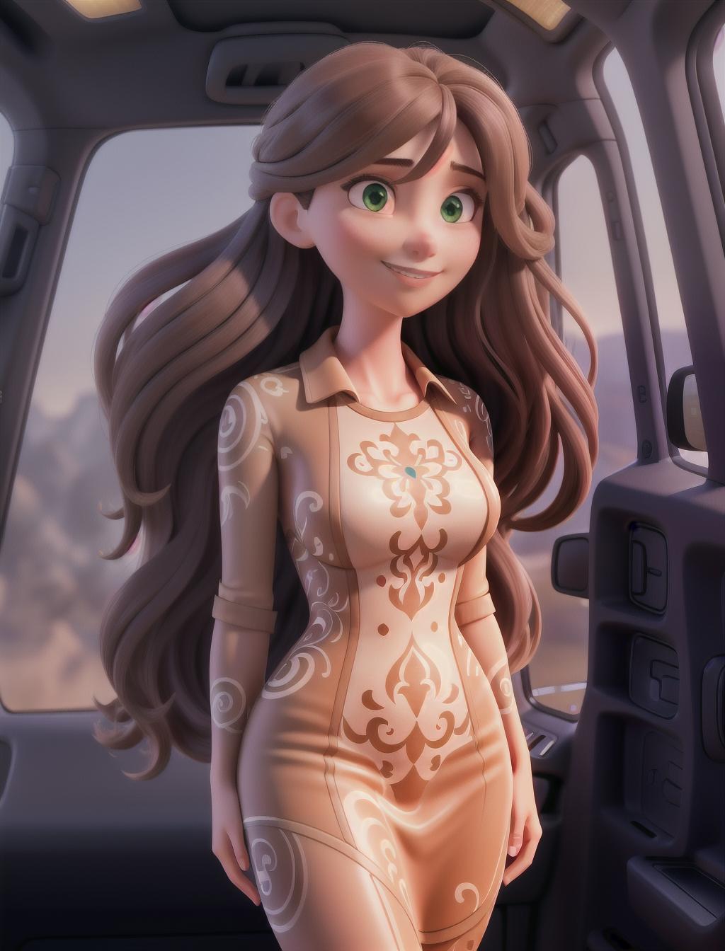  a woman, long brown hair with bangs,hair is tied, beautiful face, intricate tattoo pattern body paint , inside of a car, passenger seat, super realism, ultra ray tracing, 8k, slight smile hyperrealistic, full body, detailed clothing, highly detailed, cinematic lighting, stunningly beautiful, intricate, sharp focus, f/1. 8, 85mm, (centered image composition), (professionally color graded), ((bright soft diffused light)), volumetric fog, trending on instagram, trending on tumblr, HDR 4K, 8K