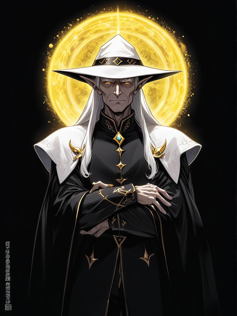  manga artwork a powerful old male elf sorcerer in a black suit and brim hat, standing with his hands clasped at his chest, his eyes shining gold. manga artist. manga, highly emotional. best quality, high resolution