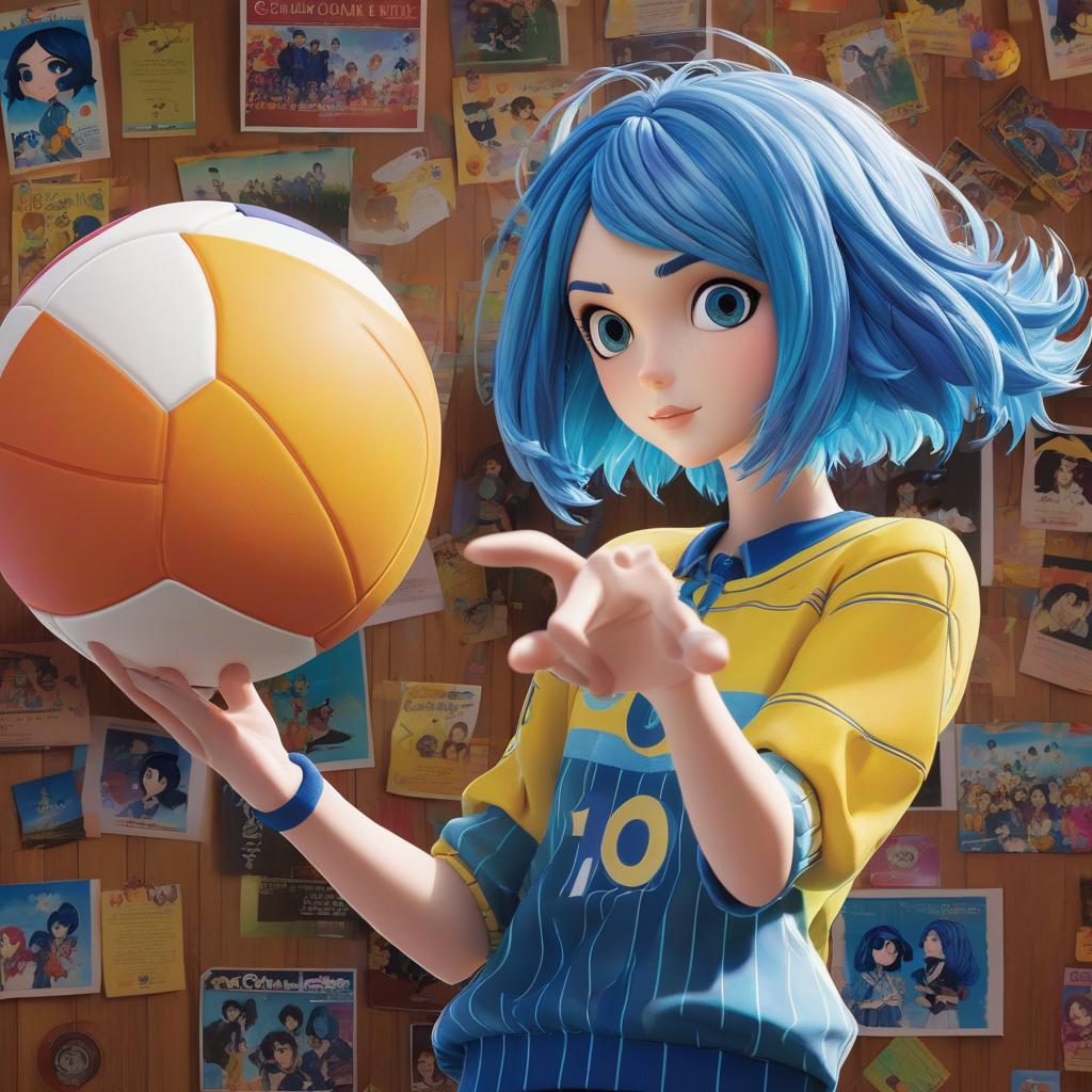  movie character coraline with blue hair holding a volleyball, anime artwork, anime style, key visual, vibrant, studio anime, highly detailed