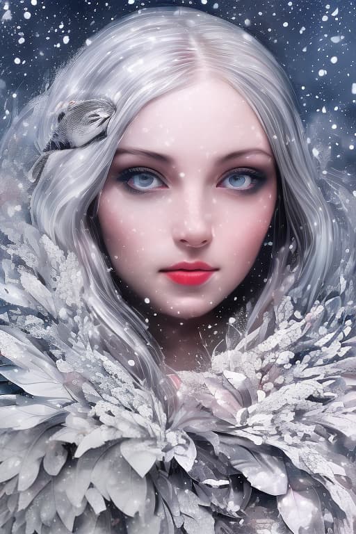 dvarchmodern very beautiful girl and white owl, huge eyes, plump lips, transparent outfit of scales, flowers, feathers of mysticism, fantasy, fabulous forest, soft light, glitter, beautiful, 5d, realistic, 128k, high resolution, high detail, hyperrealism, 300dpi, highly detailed digital painting, gothic art, horror realistic, f/19, 1/400s, muted lighting, sparkling snow, psychedelic, hyperrealistic