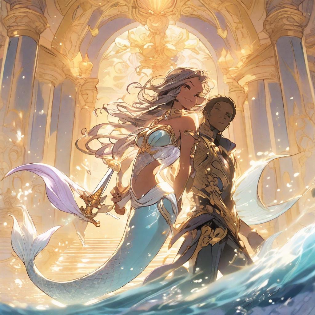  “please combine the water god funina in genshin impact and the auxiliary hero doria in honor of kings into one picture. in the picture, funina is dressed in gorgeous clothes, holding a one handed sword, standing in front of the dramatic stage background of the opikle opera house, showing her majesty and charm as the water god. doria appears beside her in the form of a mermaid. her light and flowing fish tail echoes the ocean elements, and the healing and buffing light released from her hands adds a touch of mystery and fantasy to the whole picture. the two characters complement each other and together form a beautiful picture that spans the game world.”