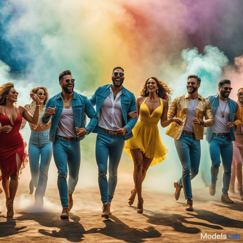  happy people dancing on a rainbow hyperrealistic, full body, detailed clothing, highly detailed, cinematic lighting, stunningly beautiful, intricate, sharp focus, f/1. 8, 85mm, (centered image composition), (professionally color graded), ((bright soft diffused light)), volumetric fog, trending on instagram, trending on tumblr, HDR 4K, 8K