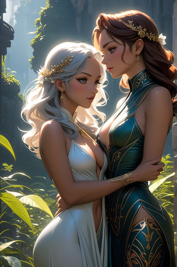  dos mujeres besándose , realistic, portrait, art by donato giancola and greg rutkowski, realistic face, digital art, trending on artstation hyperrealistic, full body, detailed clothing, highly detailed, cinematic lighting, stunningly beautiful, intricate, sharp focus, f/1. 8, 85mm, (centered image composition), (professionally color graded), ((bright soft diffused light)), volumetric fog, trending on instagram, trending on tumblr, HDR 4K, 8K