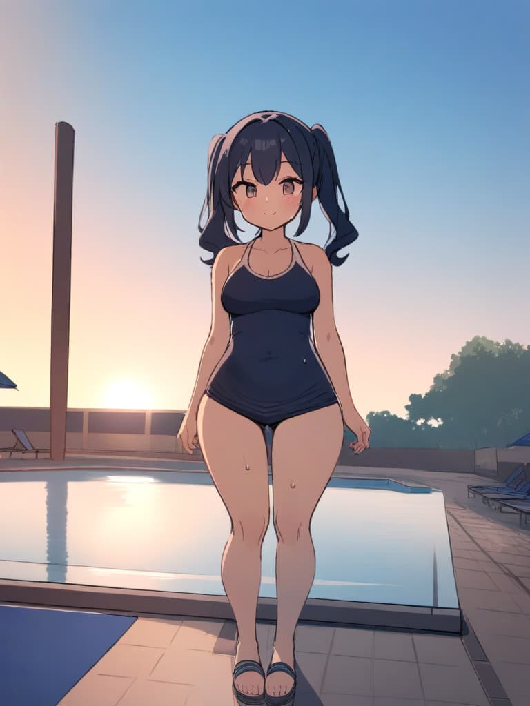  women's elementary students (male), twin tails, cute smiles, (rich s), short stature, dark blue swimwear, old swimwear, swimwear, simple, (bulging), upward, (bulge), front, whole body, pool side, pool side. ,,,