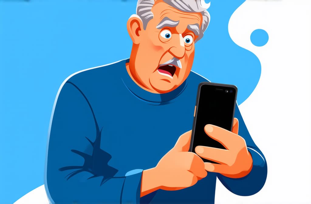  shocked surprised senior man looking at smartphone isolated on white background, funny cartoon illustration ar 3:2 {prompt}, maximum details