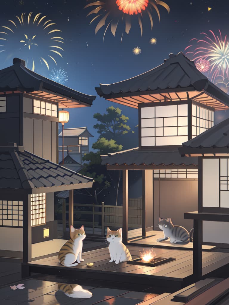  1cat,small cat ,japanese cat ,sit and look up，japanese house roof ,sit on a tiled roof,fireworks,midnight,