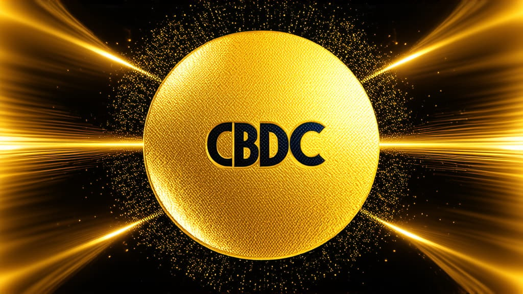  professional detailed photography, "cbdc" on metallic gold circle, on abstract digital glowing gold background ar 16:9, (muted colors, dim colors, soothing tones), (vsco:0.3)