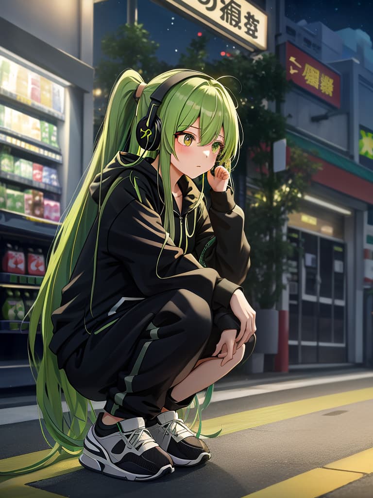  1girl,green hair,(((very long hair))),up angle,(((血眼))),(((headphone))),(((black jogging suits))),(((squatting:1.3))),(((outside the convenience store at night:1.5))),realistic