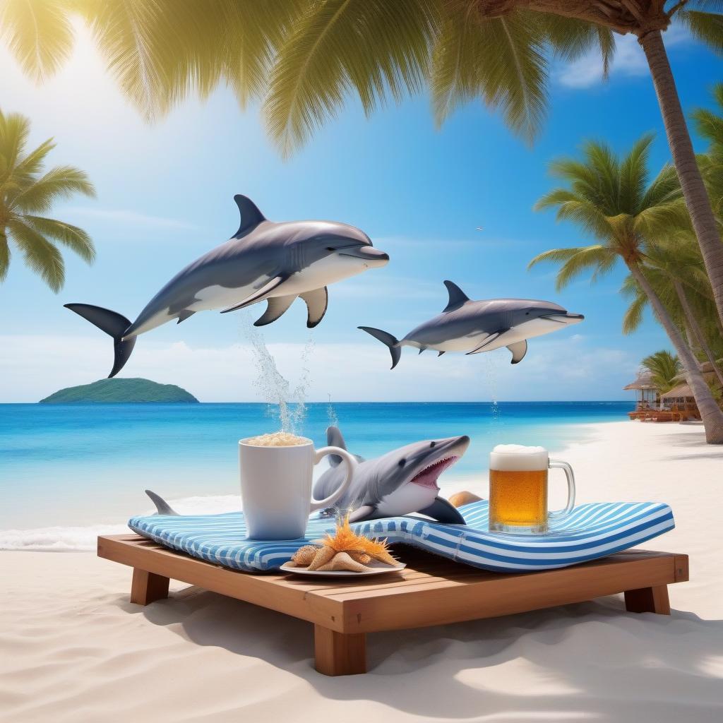  Dolphin and shark on vacation by the sea , on sun beds , in shirts and shorts , a mug of beer in hand , sand , crabs , shells , starfish , palm trees , very beautiful nature, high detail, quality 50000K