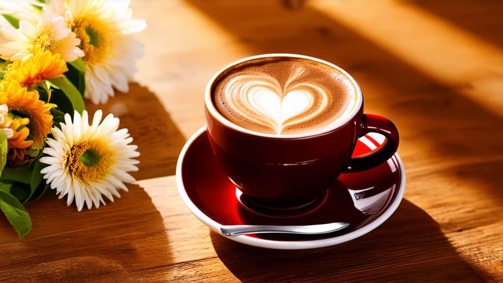  a cup of coffee with a heart inside, on a wooden table with flowers, sunlight, high resolution, over detailed, celebration of coffee products, still image, professional shot, uwu, many details, hot cocoa drink, blend, postcard photo ar 16:9 {prompt}, maximum details