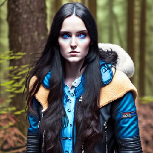  Young adult woman in the woods, long black hair, blue eyes, leather jacket with a backpack