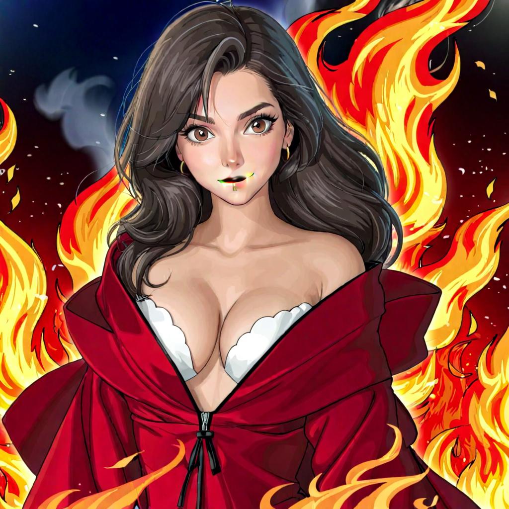  an anime art of a woman standing among the flames