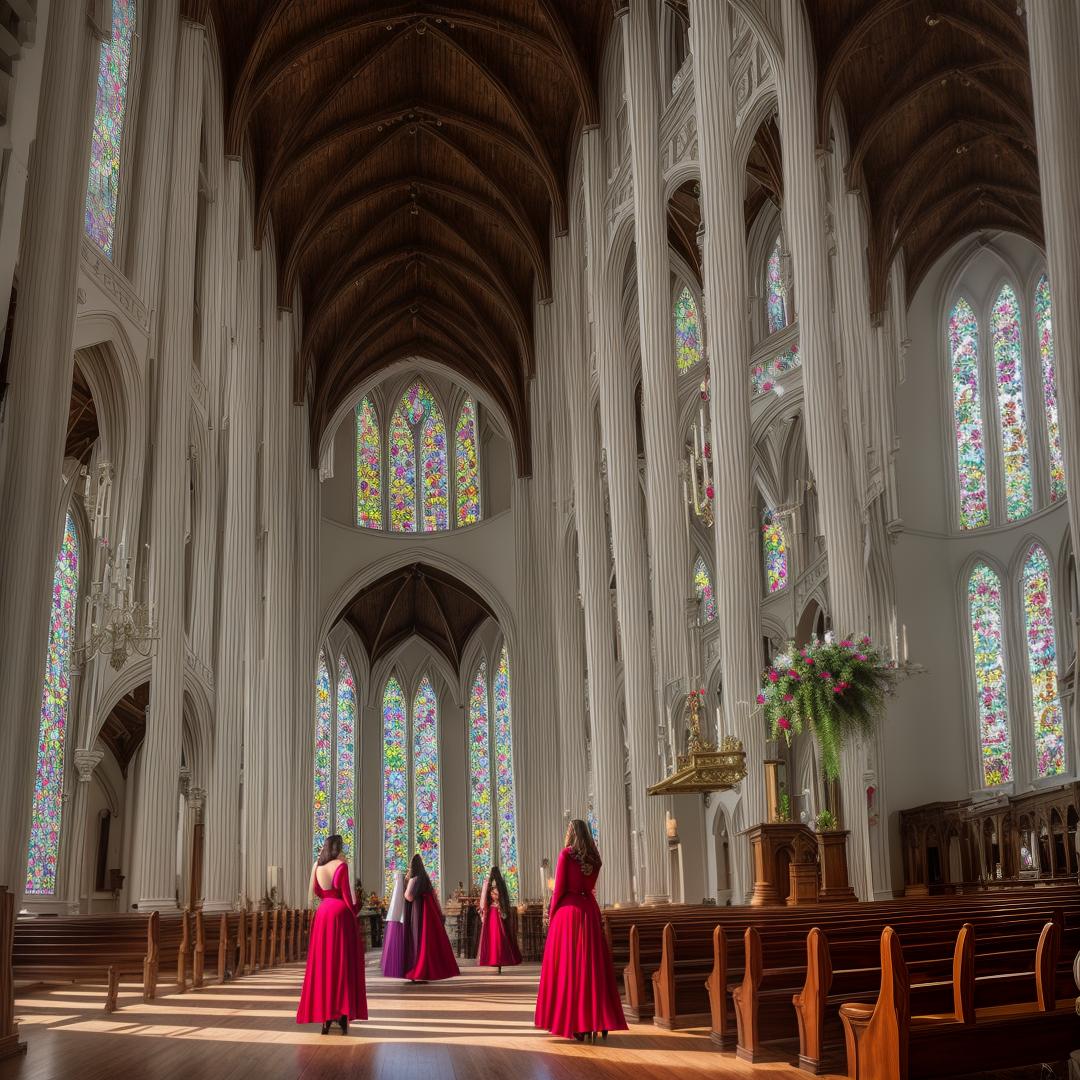  girls in church hyperrealistic, full body, detailed clothing, highly detailed, cinematic lighting, stunningly beautiful, intricate, sharp focus, f/1. 8, 85mm, (centered image composition), (professionally color graded), ((bright soft diffused light)), volumetric fog, trending on instagram, trending on tumblr, HDR 4K, 8K