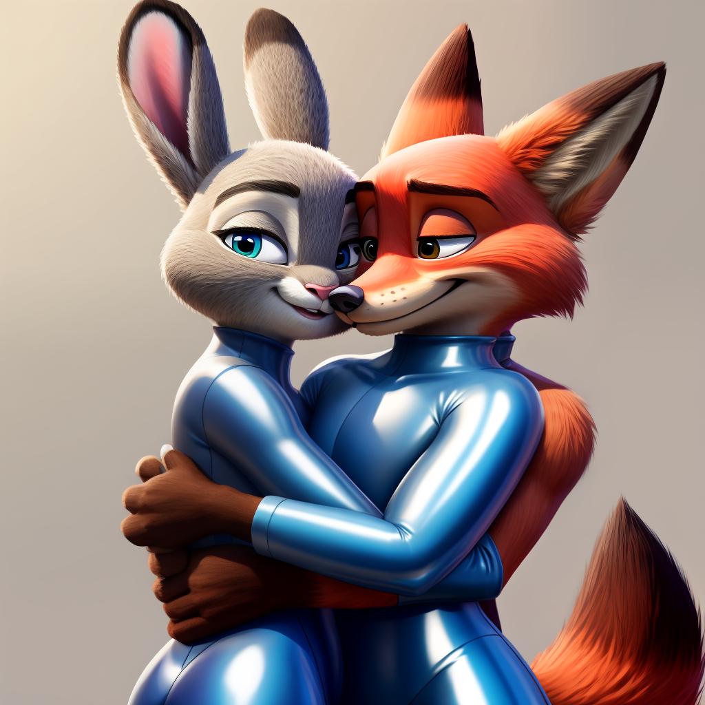  Nick wilde and judy hopps wearing full body shiny rubber suit hugging each other sexually, open eyes, digital art, masterpiece, 4k, fine details,