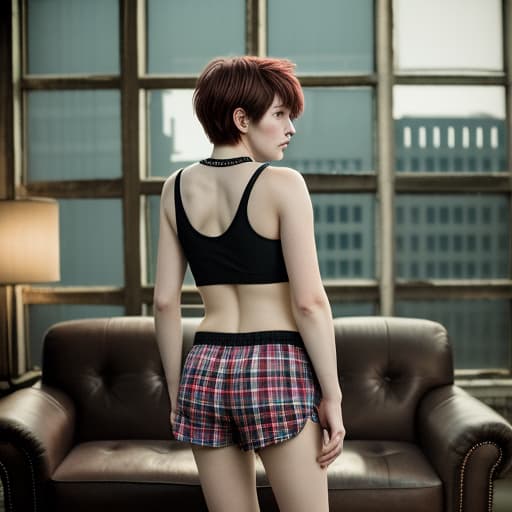  Color, Atmosphere dim, blurry back, girl short haired, in plaid boxers, lounging furniture, tank top, creepy building, bright heart logo