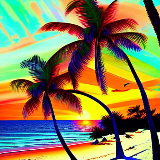  Multi colored blazing sunset sent I’m seen from a deserted island with palm trees and bleached white sand. Hyper detailed