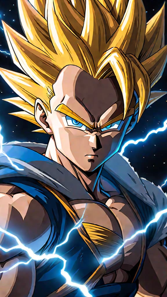  an anime art of a mysterious "super saiyan infinity" form surpassing goku and vegeta's powers in dragon ball universe. hyperrealistic, full body, detailed clothing, highly detailed, cinematic lighting, stunningly beautiful, intricate, sharp focus, f/1. 8, 85mm, (centered image composition), (professionally color graded), ((bright soft diffused light)), volumetric fog, trending on instagram, trending on tumblr, HDR 4K, 8K