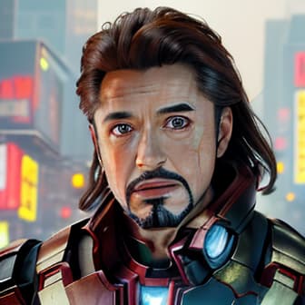  masterpiece, best quality, best quality, masterpiece, 8k resolution, realistic, highly detailed, close up of iron man. in a cyberpunk style night scene of the city, he stands on a street lined with tall buildings. the city's night lights are bright, the surrounding buildings and streets are filled with cyberpunk elements such as neon lights, high tech devices, and futuristic architectural designs.