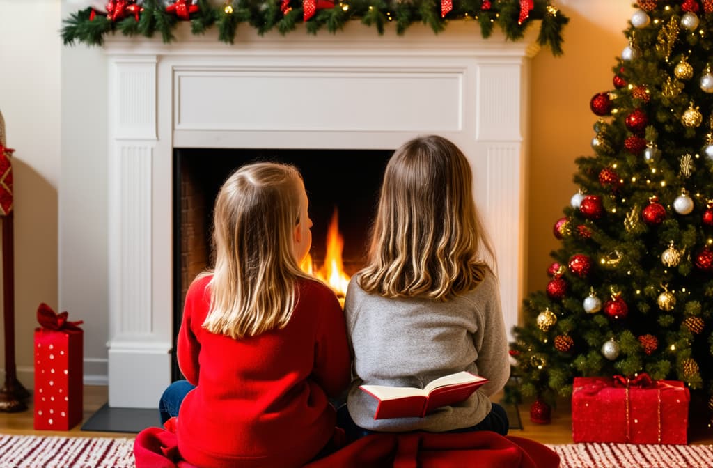  professional detailed photography, back view of two little girls together with a book in front of a fireplace in their home. the living room is decorated with christmas decorations and a tree. ar 3:2, (muted colors, dim colors, soothing tones), (vsco:0.3)