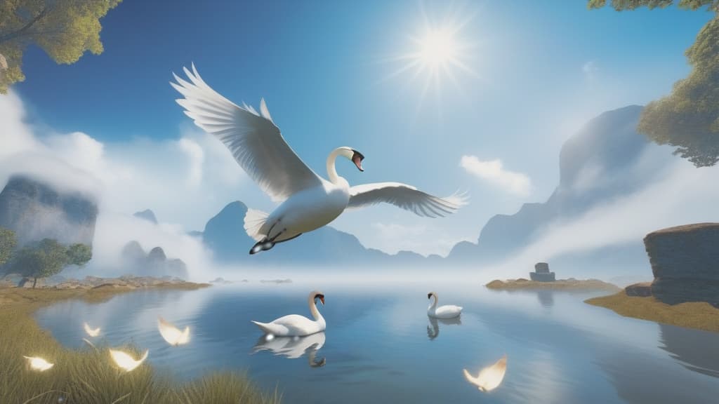  the best quality, masterpiece, anime, a swan is flying in the blue sky, full of vitality, with 37 wings in outline, and some embellishments around it. hyperrealistic, full body, detailed clothing, highly detailed, cinematic lighting, stunningly beautiful, intricate, sharp focus, f/1. 8, 85mm, (centered image composition), (professionally color graded), ((bright soft diffused light)), volumetric fog, trending on instagram, trending on tumblr, HDR 4K, 8K