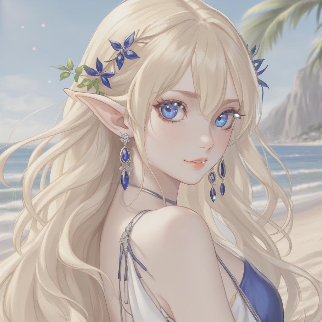  elf , 20 year, blonde long loose hair, deep dark blue eyes, , , small silver earrings, hairpin, beach