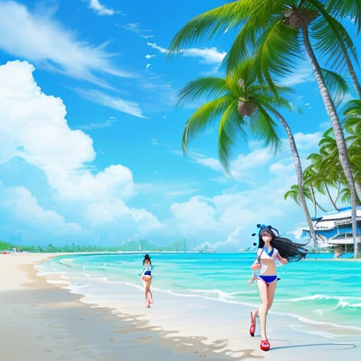  Draw a Chinese beauty in a bikini, walking on the beach, blue sky and white clouds, sunny, coconut trees swaying in the wind, waves floating on the sea,