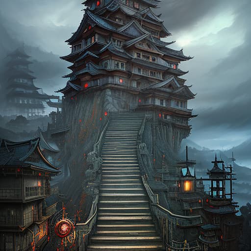  landscape, in the distance, a japanese castle to which 6 narrow stairs lead from different sides, which stands on a clockwork mechanism, a large gear, everywhere clouds, steam, cloudy weather, steampunk, blue sky, dark , creepy , blood , monsters , by jason engle , carlos huante , charlie bowater , simon lee , brom