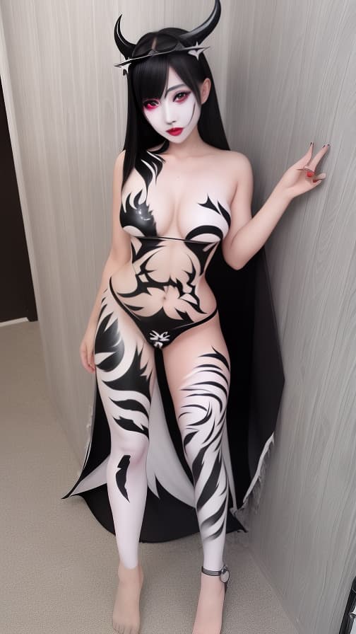  Black and White flame pattern body paint in every corner of the whole body, grey body paint full body, White face paint on the face, two succubus sisters, full body image 女性