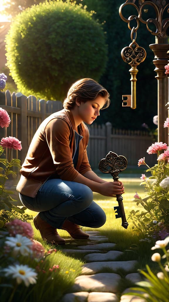  (photorealistic:1.2), (high detail:1.1), stunning digital art, young kneeling in backyard holding shiny ornate key, face filled with wonder and curiosity, warm morning light illuminating gry area with scattered flowers, clear details, best quality, extremely detailed cg 8k wallpaper, volumetric lighting, hyper realistic digital art.