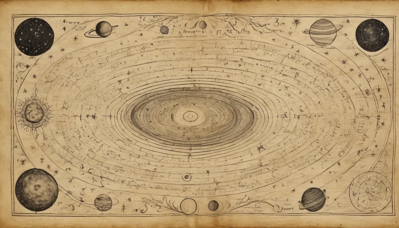  on parchment, surrealism++, a vast galaxy with countless stars and planets, spiraling and expanding outwards, cosmic recognition, infinite possibilities(mysterious, provocative, symbolic)++