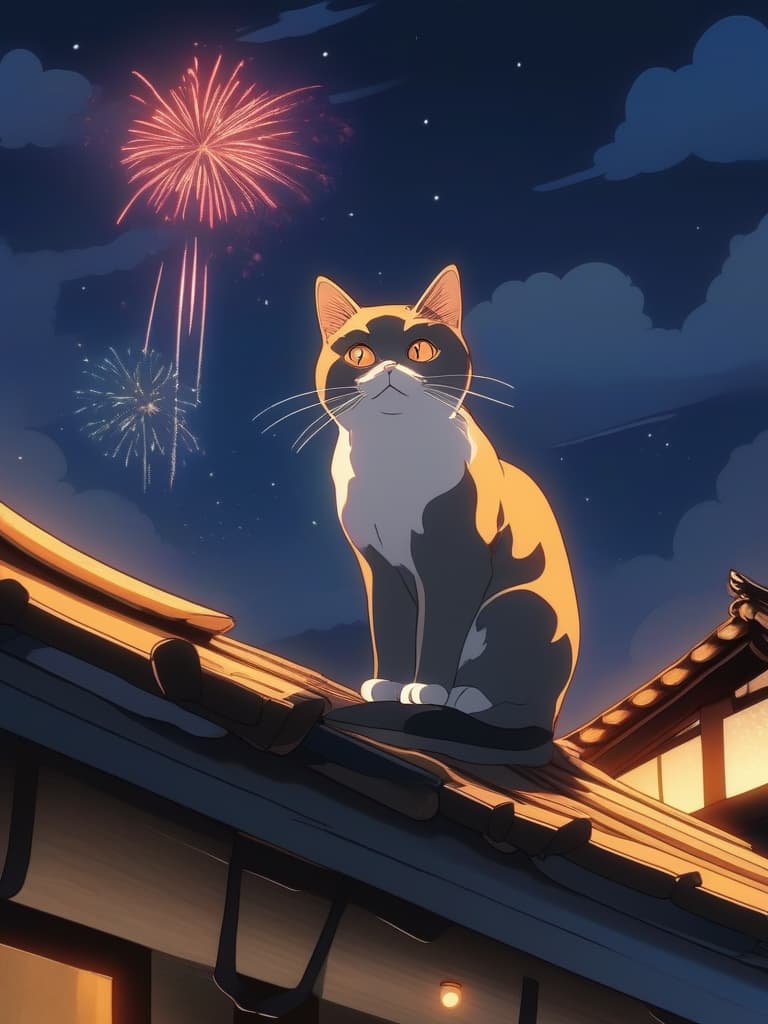  1cat,small cat ,japanese cat ,sit and look up，japanese house roof ,sit on a tiled roof,fireworks,midnight,