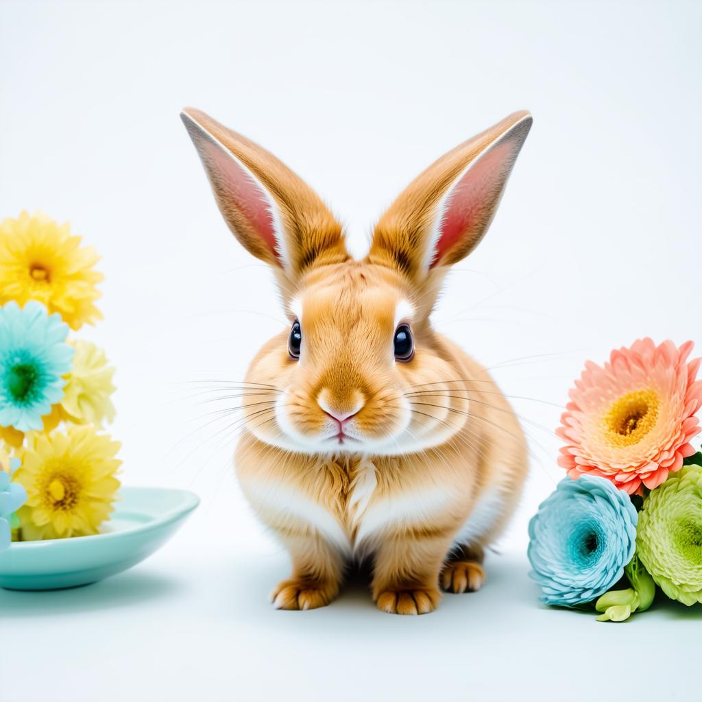  professional detailed photography, kawaii style cute rabbit on solid white background, pastel shades , (muted colors, dim colors, soothing tones), (vsco:0.3)