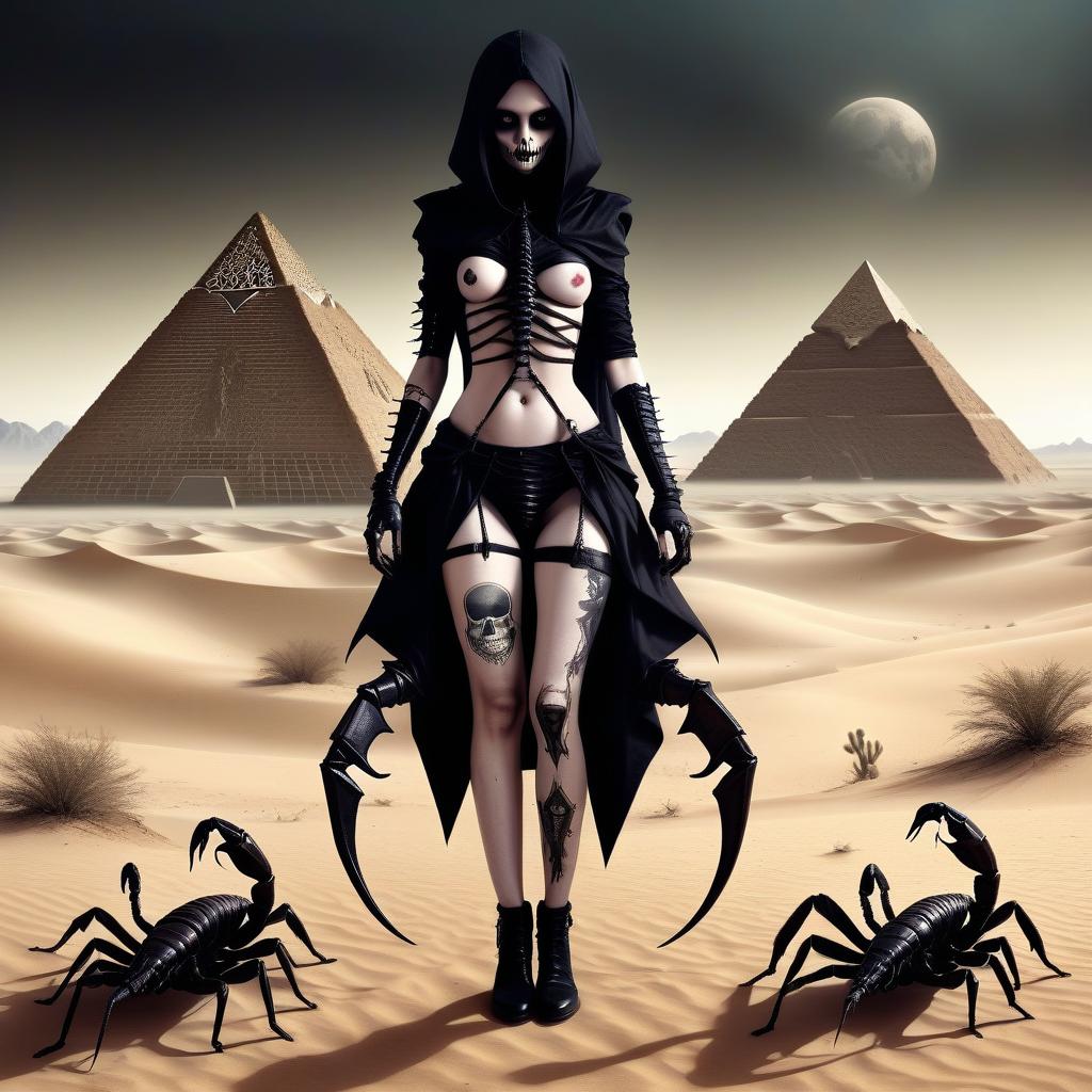  macabre style make her a girl with a scorpion in her lower body and a desert with a pyramid behind her . dark, gothic, grim, haunting, highly detailed