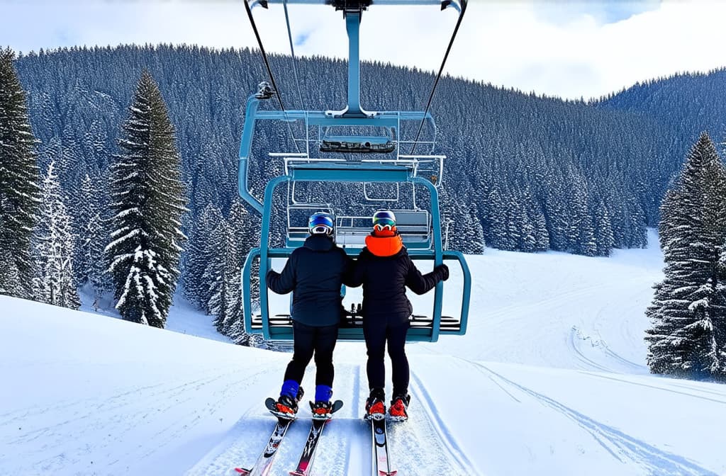  a couple on a chairlift on the mountains in winter. ski lift, ski resort, ski slope. ar 3:2 {prompt}, maximum details