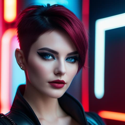  ultra realistic close up portrait ((beautiful pale cyberpunk female with heavy black eyeliner)), blue eyes, shaved side haircut, hyper detail, cinematic lighting, magic neon, dark red city, canon eos r3, nikon, f/1.4, iso 200, 1/160s, 8k, raw, unedited, symmetrical balance, in frame, 8k hyperrealistic, full body, detailed clothing, highly detailed, cinematic lighting, stunningly beautiful, intricate, sharp focus, f/1. 8, 85mm, (centered image composition), (professionally color graded), ((bright soft diffused light)), volumetric fog, trending on instagram, trending on tumblr, HDR 4K, 8K