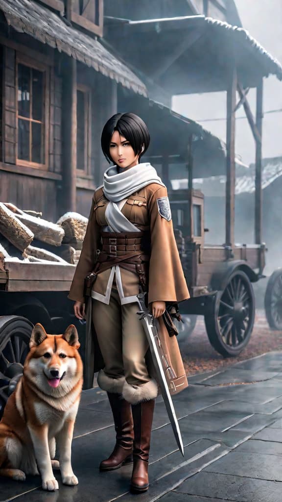  create an anime art of mikasa and levi from attack on titan, symbolizing the ackerman clan's loyalty and tragic history. hyperrealistic, full body, detailed clothing, highly detailed, cinematic lighting, stunningly beautiful, intricate, sharp focus, f/1. 8, 85mm, (centered image composition), (professionally color graded), ((bright soft diffused light)), volumetric fog, trending on instagram, trending on tumblr, HDR 4K, 8K