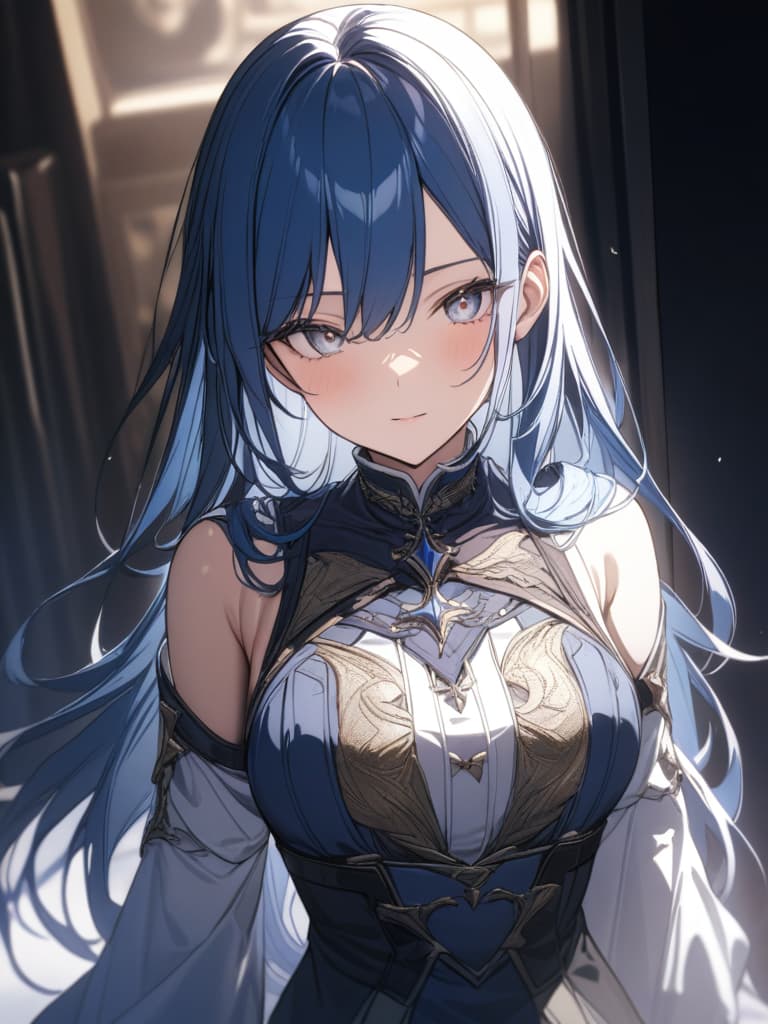  blue hair, white eyes, long, masterpiece, best quality,8k,ultra detailed,high resolution,an extremely delicate and beautiful,hyper detail