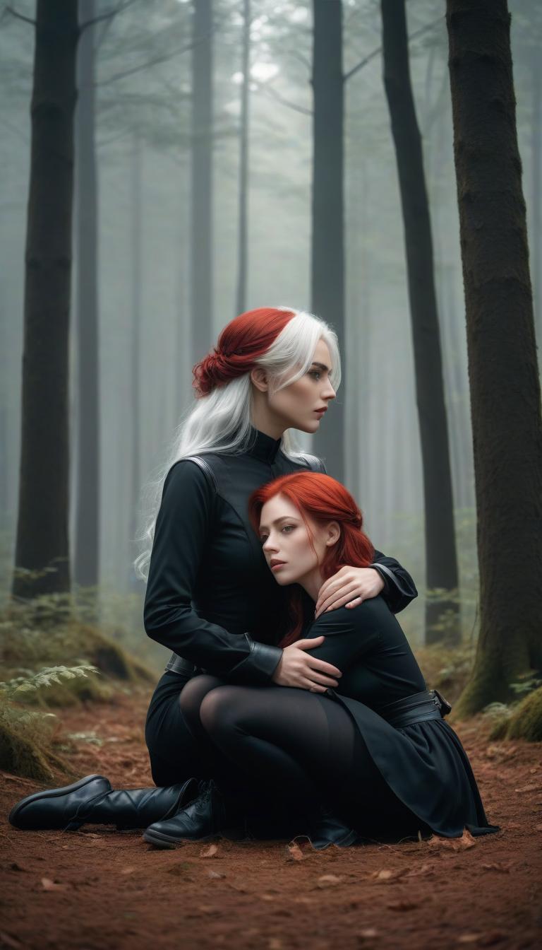  a clear trick, a perfect trick, a girl of ten years in black clothes and white hair sits on the ground, hugs a boy of five years with red hair, in black clothes, a girl looking forward, hugging the boy behind his head, a girl looking forward, a boy strapping his head to his neck, a boy strapping his head to a girl's neck, a dark forest hyperrealistic, full body, detailed clothing, highly detailed, cinematic lighting, stunningly beautiful, intricate, sharp focus, f/1. 8, 85mm, (centered image composition), (professionally color graded), ((bright soft diffused light)), volumetric fog, trending on instagram, trending on tumblr, HDR 4K, 8K