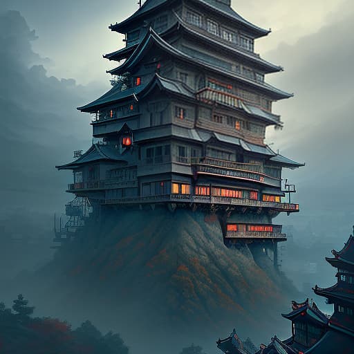  landscape, in the distance, a japanese castle to which 6 narrow stairs lead from different sides, which stands on a clockwork mechanism, a large gear, everywhere clouds, steam, cloudy weather, steampunk, blue sky, dark , creepy , blood , monsters , by jason engle , carlos huante , charlie bowater , simon lee , brom