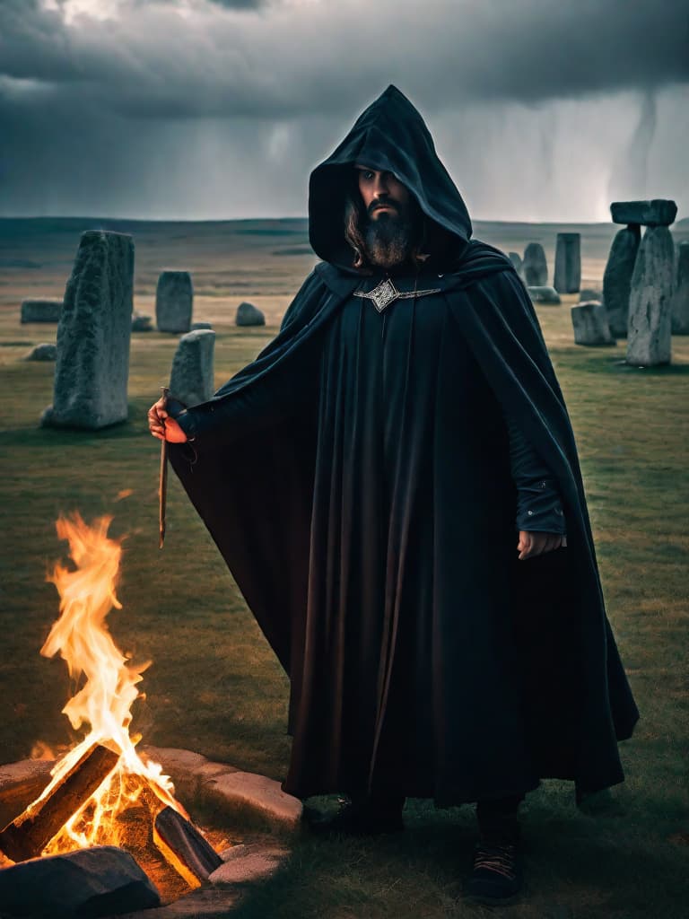  Pagan warlock, facing viewer, wearing a hooded cloak, his face hardened, eyes cold, a scar runs down the left side of his face; standing at an alter, conjuring a fire elemental from within Stonehenge during a thunder and lightning storm