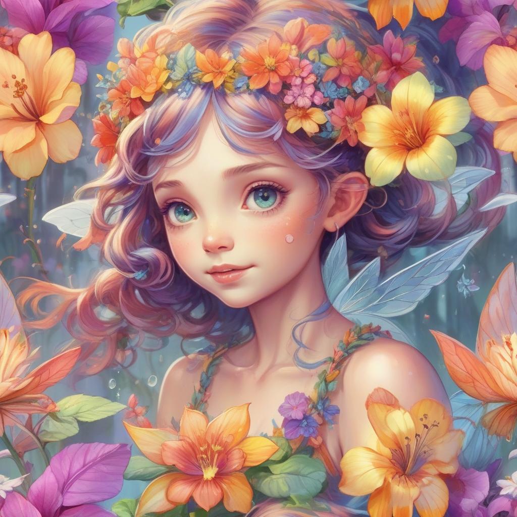  cute flower fairy baby，asas coloridas, segure o cetro，belo oceano cintilante、cercado por flores coloridas，asas transparentes，asas luminescentes､sorriso gentil､summer background､fada suave e transparente､tinta aquarela，fundo bonito do jardim，bright rainbow color landscape，infinidade de cores，rico em elementos，the facial features are super detailed，anatomia correta,epic composition, epic digital art of romantic fantasy，epic fairytale fantasy digital art，mythological fantasy，very high sharpness、k hd |、8k、desenho detalhado，realista，very realistic，cinmatic lighting,uma fotografia premiada