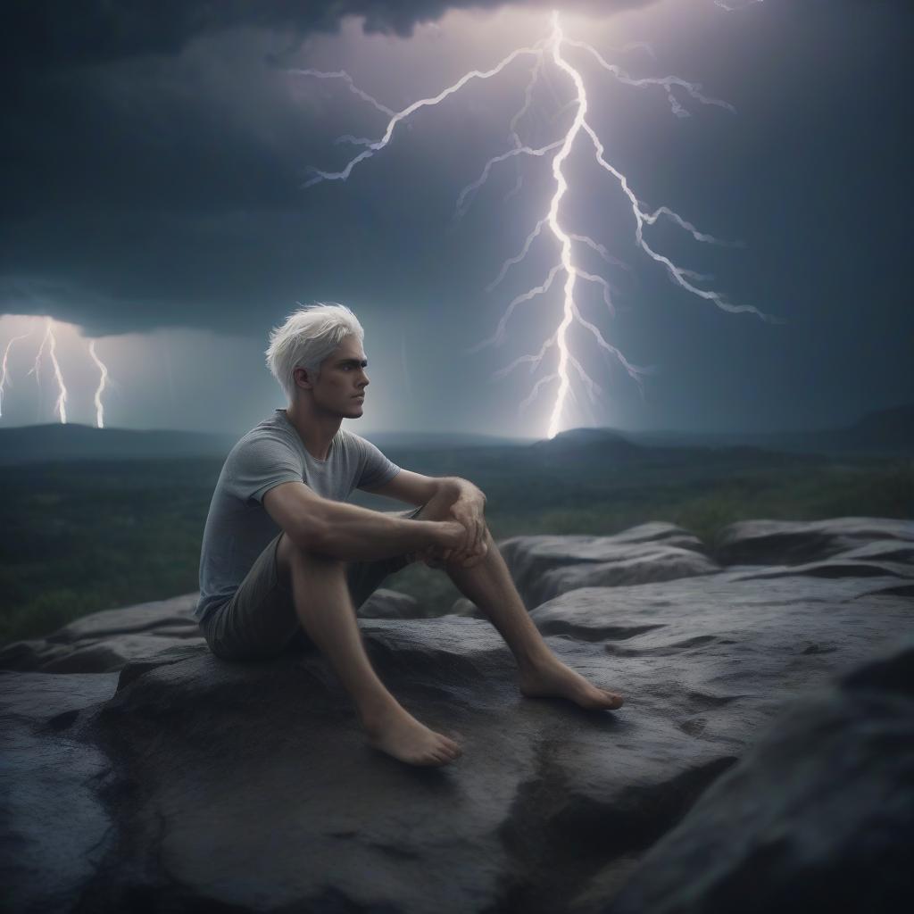  cinematic film still a young man with white hair and barefoot sits on a rock amid lightning . shallow depth of field, vignette, highly detailed, high budget, bokeh, cinemascope, moody, epic, gorgeous, film grain, grainy