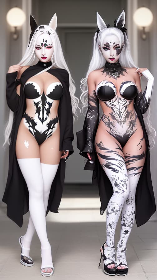  White bat pattern body paint in every corner of the body, Black body paint all over the body, Grey face paint on the face, Two dark elf sisters, full body image 女性