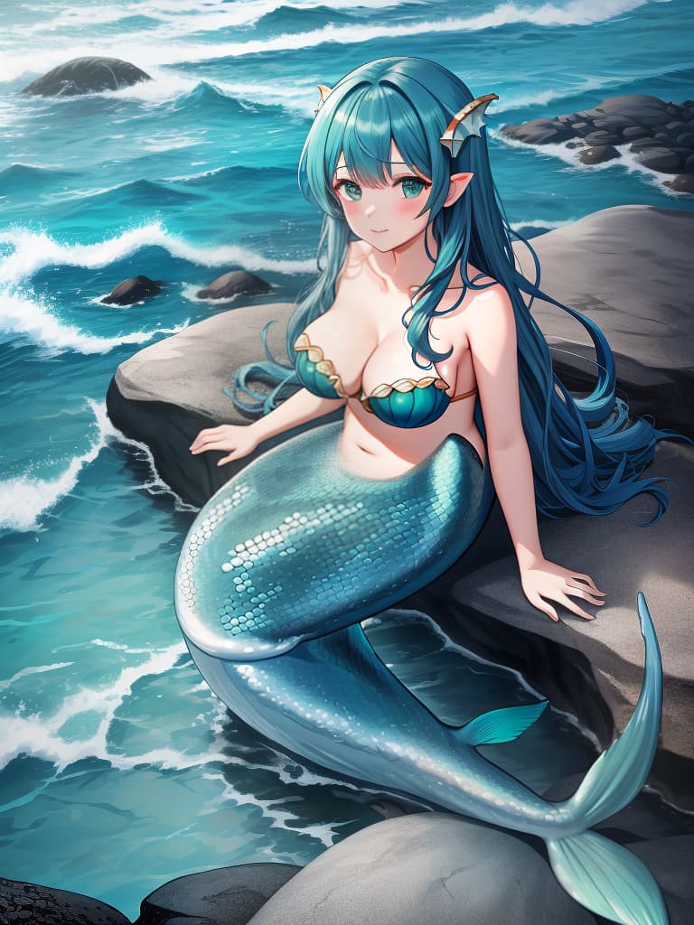  wide ocean,big ocean,rocky shore,(mermaid sitting on rocky shore:1.4),close up,super detailed,high resolution,absurd,employed,