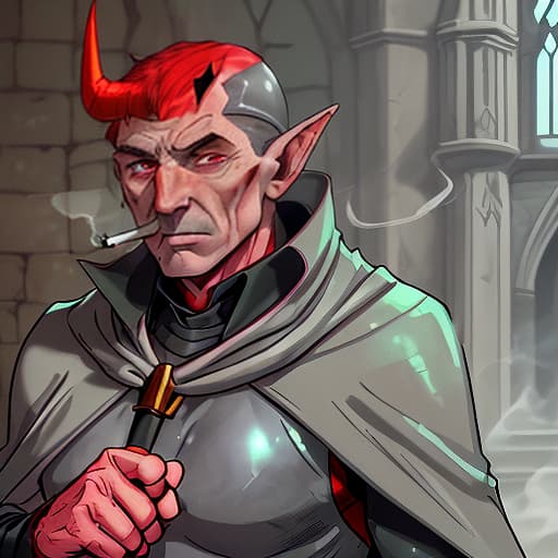  a middle aged man with bright red skin, pointed ears, two horns on his head, green eyes and plenty of wrinkles. dressed in a grey cape and a grey cap. smoking a cigarette. he works as an investigator for the holy inquisition. background medieval cathedral. the whole fantasy image