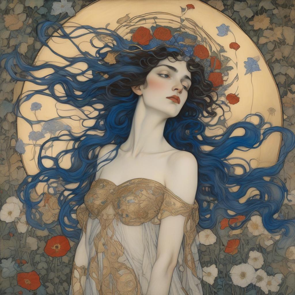  painting by arthur rackham and egon schiele depicting a wind goddess, she is a shooting star and a fallen angel, surrounded by beautiful flora, poppies, roses, lilies, morning glories, intricate golden vines, highly detailed azure eyes, luxurious dark hair with botticelli curls in a breeze, with cupids bow lips, wearing gently flowing gossamer silk in blues and gold.