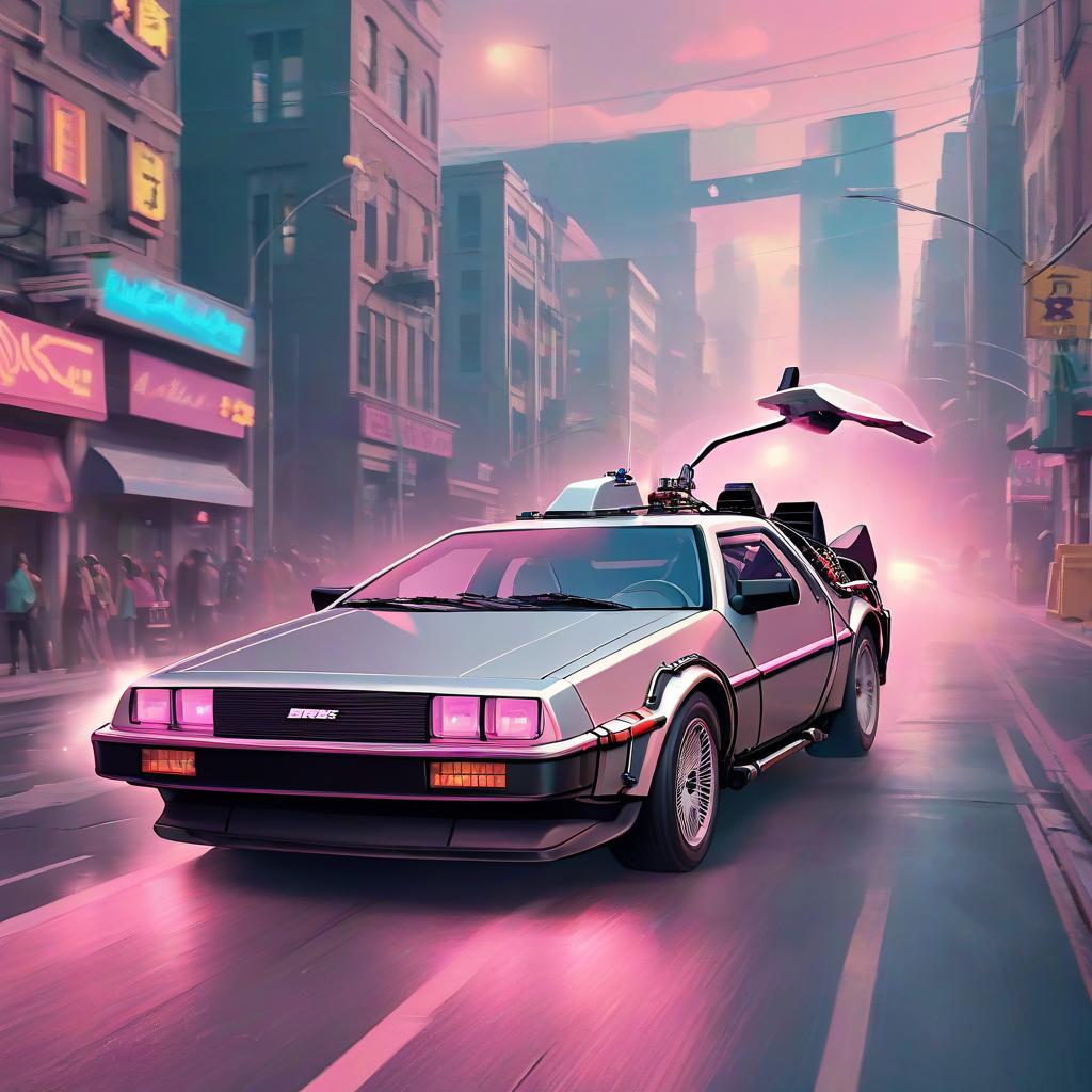  a back to the future delorer car driving down a city street, by mike "beeple" winkelmann, ross tran 8 k, 1980s photography, style of alena aenami, cyberpunk, anime, synthwave