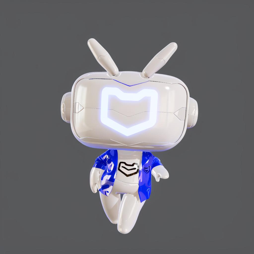  anxiaozhi,a cute white robot with white mask wears a blue suite.