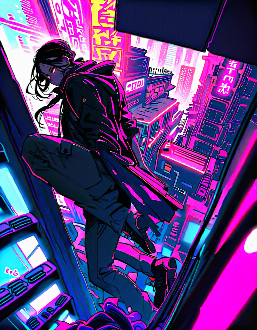  young, handsome, heavily armed man, defending a rooftop from attackers, determined and fierce, break cyberpunk adventure in neon city, dystopian urban rooftop, graffiti covered walls, futuristic weapons, neon signs, scattered debris, break gritty, chaotic, and vibrant, glowing neon lights, dramatic shadows, and dynamic movement,